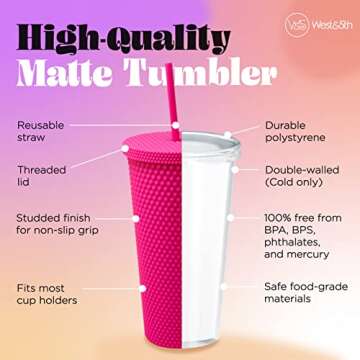Matte Studded Tumbler with Lid & Straw, Reusable BPA Free Plastic Water Bottle, Travel Friendly Water/Iced Coffee/Cold Brew/Smoothie Textured Cold Cup, 24oz (Fuchsia)