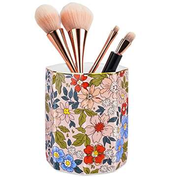 Jwest Pen Holder, Makeup Brush Holder Ceramic Shiny Gold Vintage Floral Flowers Pattern Pencil Cup f...