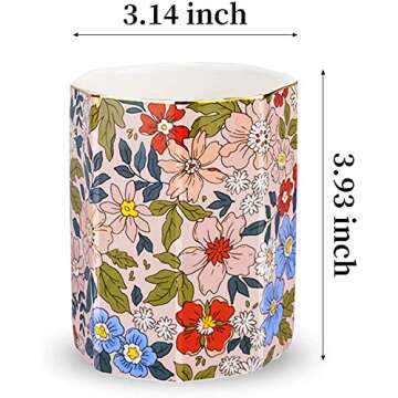 Jwest Pen Holder, Makeup Brush Holder Ceramic Shiny Gold Vintage Floral Flowers Pattern Pencil Cup for Girls Kids Women Durable Stand Desk Organizer Storage Gift for Office, Classroom, Home Pink