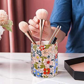 Jwest Pen Holder, Makeup Brush Holder Ceramic Shiny Gold Vintage Floral Flowers Pattern Pencil Cup for Girls Kids Women Durable Stand Desk Organizer Storage Gift for Office, Classroom, Home Pink