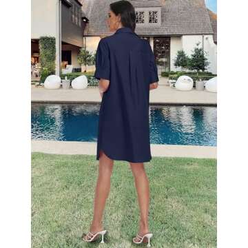 ANRABESS Womens Button Down Shirt Dress with Pockets Short Sleeve Loose Business Casual Summer Beach Tunics Dresses Tops Navy Blue-X-Large