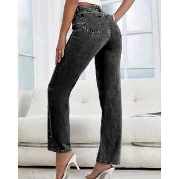 LifeShe Women Rhinestone Pearl Beaded Jeans - High Waisted Casual Denim Pants