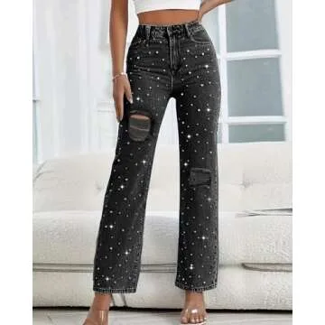 LifeShe Women's Pearl Beaded Casual Denim Pants for All
