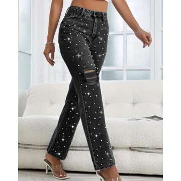 LifeShe Women's Pearl Beaded Casual Denim Pants for All