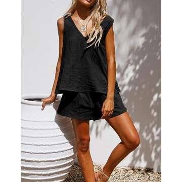 HOTOUCH Womens Summer 2 Piece Outfits Shorts Sets Sleeveless V Neck Crop Tank and High Waisted Track_Suit with Pockets A-Black, Small