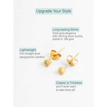 Altitude Boutique Cubic Zirconia Bezel Stud Earrings for Women | Single, Double, or Triple Cz Bezel Studs | 18K Gold or Silver Plated, Delicate, Hypoallergenic Minimalist Earrings