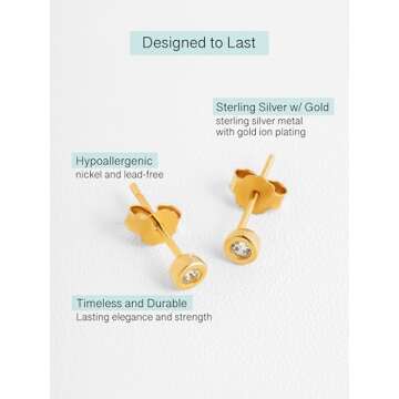 Altitude Boutique Cubic Zirconia Bezel Stud Earrings for Women | Single, Double, or Triple Cz Bezel Studs | 18K Gold or Silver Plated, Delicate, Hypoallergenic Minimalist Earrings