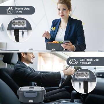 Vabaso Electric Lunch Box Food Heater, Electric Heating Lunch Boxes Lunch for Adults/Men/Car/Truck/Work, 1.5L Removable 304 Stainless Steel Container, 80W, 110V/12V/24V, with Fork & Spoon