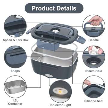 Vabaso Electric Lunch Box Food Heater, Electric Heating Lunch Boxes Lunch for Adults/Men/Car/Truck/Work, 1.5L Removable 304 Stainless Steel Container, 80W, 110V/12V/24V, with Fork & Spoon