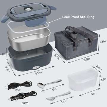 Vabaso Electric Lunch Box Food Heater, Electric Heating Lunch Boxes Lunch for Adults/Men/Car/Truck/Work, 1.5L Removable 304 Stainless Steel Container, 80W, 110V/12V/24V, with Fork & Spoon