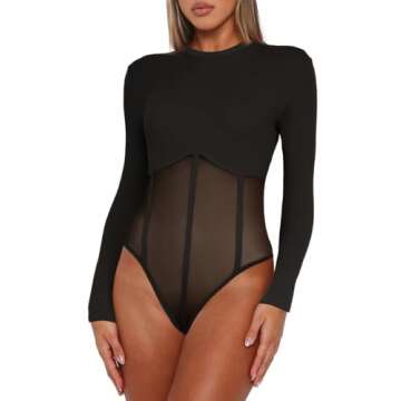 Darong Women Long Sleeve Bodysuit Crew Neck Mesh Sheer Panels Bodysuits Shirt Tops 9036 Black S