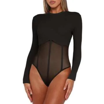 Darong Women Long Sleeve Bodysuit Crew Neck Mesh Sheer Panels Bodysuits Shirt Tops 9036 Black S