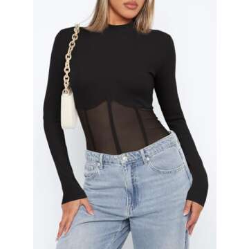 Darong Women Long Sleeve Bodysuit Crew Neck Mesh Sheer Panels Bodysuits Shirt Tops 9036 Black S