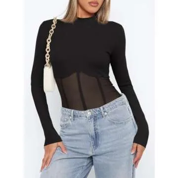 Darong Women Long Sleeve Bodysuit Crew Neck Mesh Sheer Panels Bodysuits Shirt Tops 9036 Black S