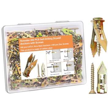 Sunxeke 200 PCS Self Drilling Drywall Anchors with Screws 2024 Upgraded Zinc Plated Steel Hollow Wall Anchors(0.47X1.18inch) and Screws, Easy Application No Drill or Holes in Wall