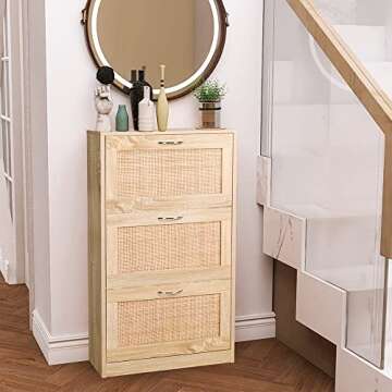 HOPUBUY Shoe Cabinet for Entryway, Narrow Shoe Storage Cabinet, Hidden Rattan Shoe Cabinet Wood 3 Ti...
