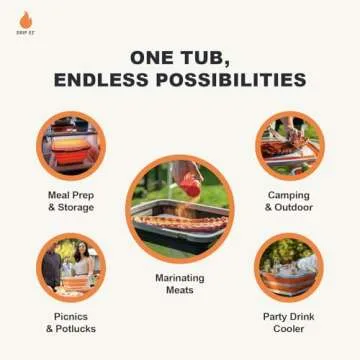 Drip EZ Collapsible BBQ Prep Tub - For Meal Prep, Marinating, Food Storage - Includes Cutting Board & Lid - (1) OG - Orange