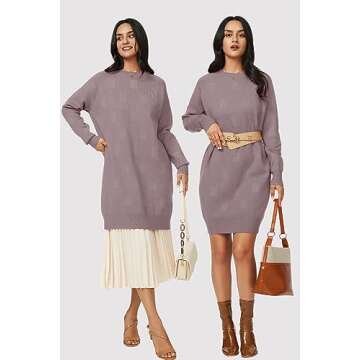 Arach&Cloz Womens Fall Fashion 2024 Sweater Dress Crew Neck Long Sleeve Casual Tunic Knitted Oversized Plus Size Pullover Winter Outfits Clothes (Grey Purple, M)
