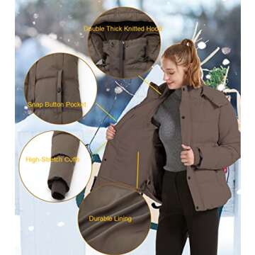 GGleaf Women's Winter Jacket Water Repellent Warm Hooded Thicken Puffer Coats Khaki X-Large