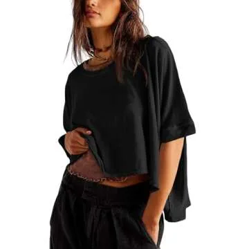 Tankaneo Womens Oversized T-Shirts Cropped Summer Casual Short Sleeve Loose Fit Tee Tops Black
