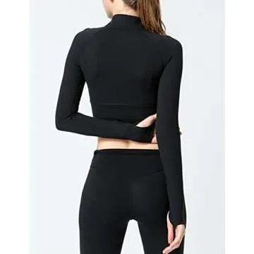 FindThy Women's Zip Up Long Sleeve Slim Fit Athletic Workout Jacket Sportswear Yoga Crop Top(0032-Black-M-LB)