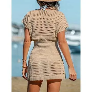 CUPSHE Women Crochet Swim Cover Up Short Sleeve V Neck Bathing Suit Beach Dress Summer Swimwear Coverups Sand, L