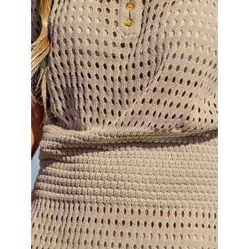 CUPSHE Women Crochet Swim Cover Up Short Sleeve V Neck Bathing Suit Beach Dress Summer Swimwear Coverups Sand, L
