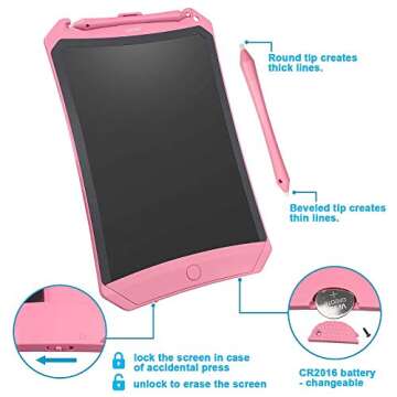 NEWYES Colorful Robot Pad 8.5 Inch LCD Writing Tablet with Lock Function Electronic Doodle Pads Drawing Board with Case and Lanyard Gifts for Kids Pink Age 3 Months+