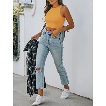 REORIA Sleeveless High Neck Racerback Crop Top for Women