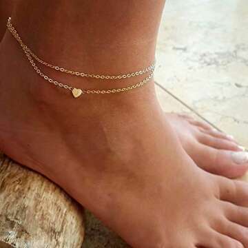 Turandoss Initial Heart Ankle Bracelets for Women, 14K Gold Filled Layered Initial Ankle Bracelets for Women Anklet with Initials T
