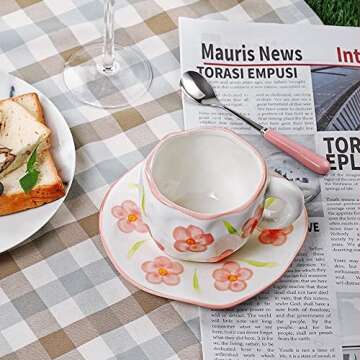 Hand-painted Ceramic Coffee Mug with Handle 2022 Elegant Spring Flower Coffee Mug with Saucer Breakf...