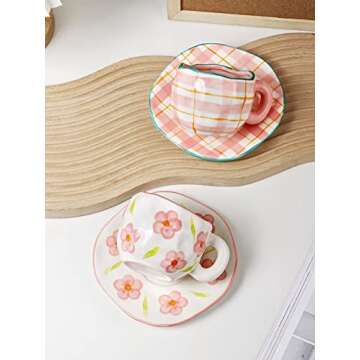 Hand-painted Ceramic Coffee Mug with Handle 2022 Elegant Spring Flower Coffee Mug with Saucer Breakfast Milk Juice Tea Cup for Home Office Gifts Microwave Safe Cute (Pink Flowers Set)