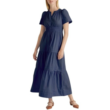 YEXPINE Womens Short Sleeve V Neck Elastic Waist Fall Maxi Dress Loose Fit Flowy Swing Tiered Beach ...