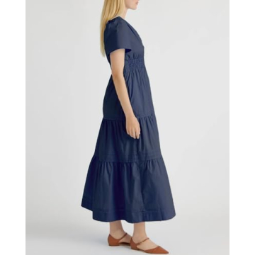 YEXPINE Womens Short Sleeve V Neck Elastic Waist Fall Maxi Dress Loose Fit Flowy Swing Tiered Beach Vacation Dress Navy Blue