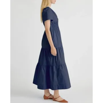YEXPINE Womens Short Sleeve V Neck Elastic Waist Fall Maxi Dress Loose Fit Flowy Swing Tiered Beach Vacation Dress Navy Blue