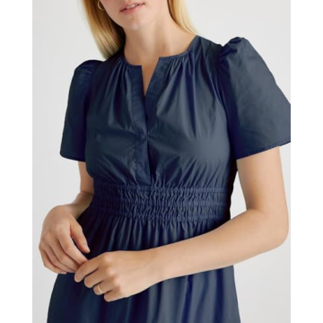 YEXPINE Womens Short Sleeve V Neck Elastic Waist Fall Maxi Dress Loose Fit Flowy Swing Tiered Beach Vacation Dress Navy Blue