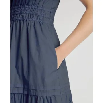 YEXPINE Womens Short Sleeve V Neck Elastic Waist Fall Maxi Dress Loose Fit Flowy Swing Tiered Beach Vacation Dress Navy Blue