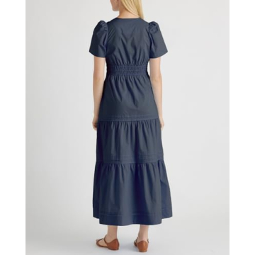 YEXPINE Womens Short Sleeve V Neck Elastic Waist Fall Maxi Dress Loose Fit Flowy Swing Tiered Beach Vacation Dress Navy Blue