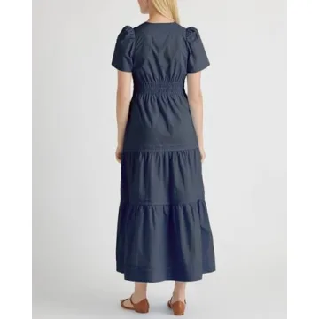 YEXPINE Womens Short Sleeve V Neck Elastic Waist Fall Maxi Dress Loose Fit Flowy Swing Tiered Beach Vacation Dress Navy Blue