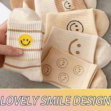 5 Pairs Cute Women Fun Smile Face Ankle Sock Knitted White Novelty Comfy Cotton Girl Dress Smiley Crew Sock Aesthetic (5Pack-Smiling 01)