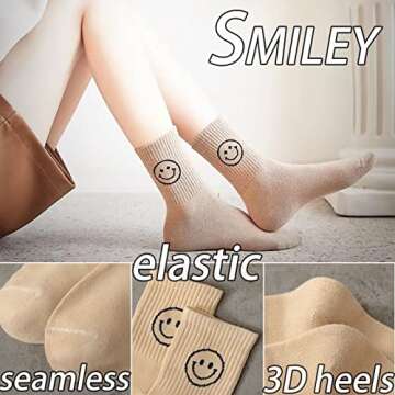 5 Pairs Cute Women Fun Smile Face Ankle Sock Knitted White Novelty Comfy Cotton Girl Dress Smiley Crew Sock Aesthetic (5Pack-Smiling 01)