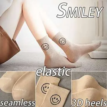 5 Pairs Cute Women Fun Smile Face Ankle Sock Knitted White Novelty Comfy Cotton Girl Dress Smiley Crew Sock Aesthetic (5Pack-Smiling 01)