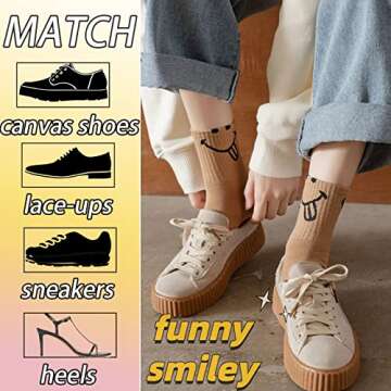 5 Pairs Cute Women Fun Smile Face Ankle Sock Knitted White Novelty Comfy Cotton Girl Dress Smiley Crew Sock Aesthetic (5Pack-Smiling 01)