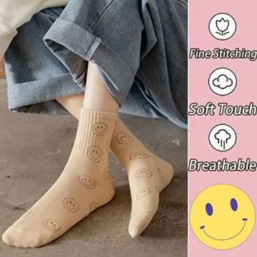 5 Pairs Cute Women Fun Smile Face Ankle Sock Knitted White Novelty Comfy Cotton Girl Dress Smiley Crew Sock Aesthetic (5Pack-Smiling 01)