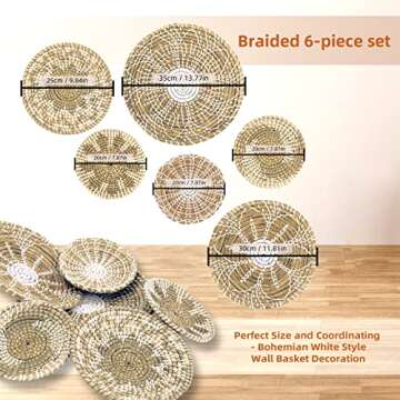 Boho Wall Basket Decor Set of 6 - Hanging Woven Basket Wall Decor, Handcrafted Round Flat Seagrass B...