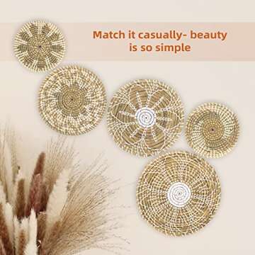 Boho Wall Basket Decor Set of 6 - Hanging Woven Basket Wall Decor, Handcrafted Round Flat Seagrass Baskets Wall Art, for Rustic、Farmhouse、Home - Unique Rattan Wicker Wall Basket Decor （White Classic）