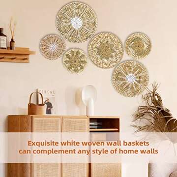 Boho Wall Basket Decor Set of 6 - Hanging Woven Basket Wall Decor, Handcrafted Round Flat Seagrass Baskets Wall Art, for Rustic、Farmhouse、Home - Unique Rattan Wicker Wall Basket Decor （White Classic）