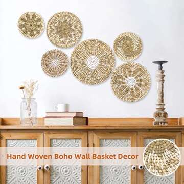 Boho Wall Basket Decor Set of 6 - Hanging Woven Basket Wall Decor, Handcrafted Round Flat Seagrass Baskets Wall Art, for Rustic、Farmhouse、Home - Unique Rattan Wicker Wall Basket Decor （White Classic）