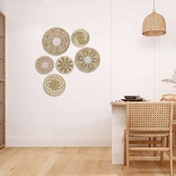 Boho Wall Basket Decor Set of 6 - Hanging Woven Basket Wall Decor, Handcrafted Round Flat Seagrass Baskets Wall Art, for Rustic、Farmhouse、Home - Unique Rattan Wicker Wall Basket Decor （White Classic）