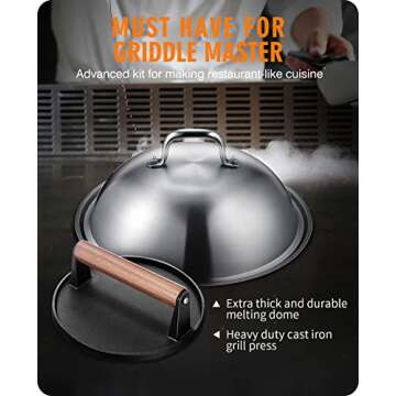 HOMENOTE Griddle Accessories for Blackstone, Commercial Grade 12 Inch Heavy Duty Melting Dome with Round Cast Iron Smash Burger Press Perfect for Flat Top Hibachi Grill Indoor Outdoor